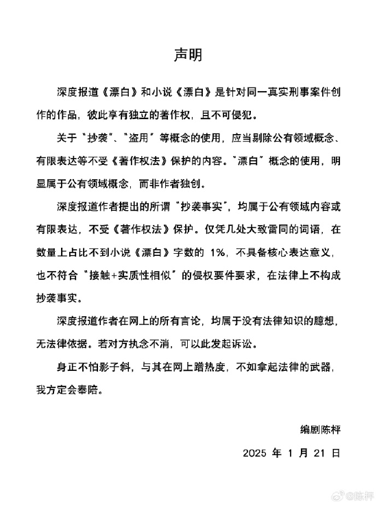 陈枰否认抄袭：《漂白》是针对同一刑事案件创作的作品，彼此享有独立著作权